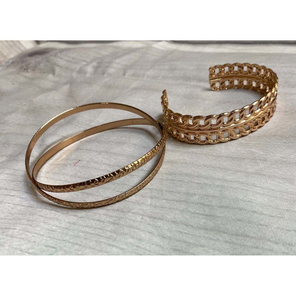Gold Tone Bracelets Woven Chain Cuff and Textured Double Bangle Bohemian